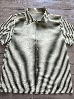 SHEIN Manfinity Homme Mens M Green White Striped Short Sleeve Button Up Shirt